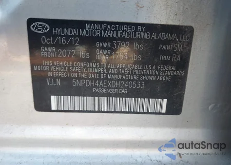 2013 Hyundai Elantra Gls from USA, damaged, VIN 5NPDH4AEXDH240533